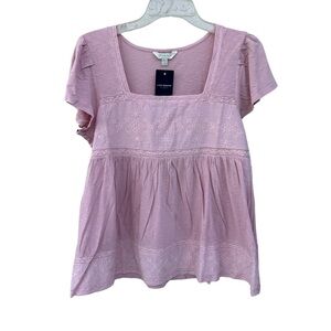 Lucky Brand Women's Embroidered Square Neck Smocked Top, Dusty Rose Pink, NWT